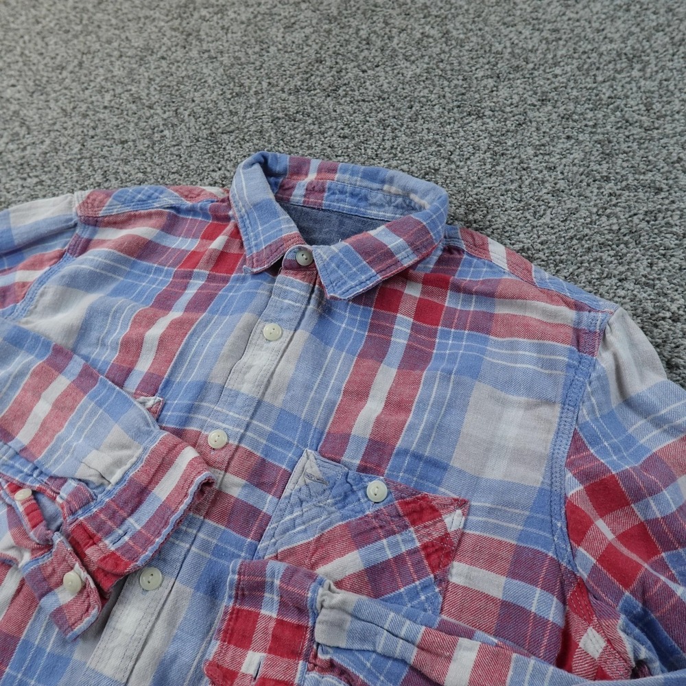 Gap Shirt Mens L Blue Red Plaid Linen Cotton Button Up Long Sleeve Casual Summer